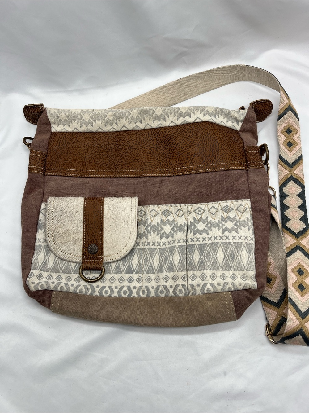 Myra Bay Brown Boho Mixed Media Crossbody Shoulder Bag Purse
